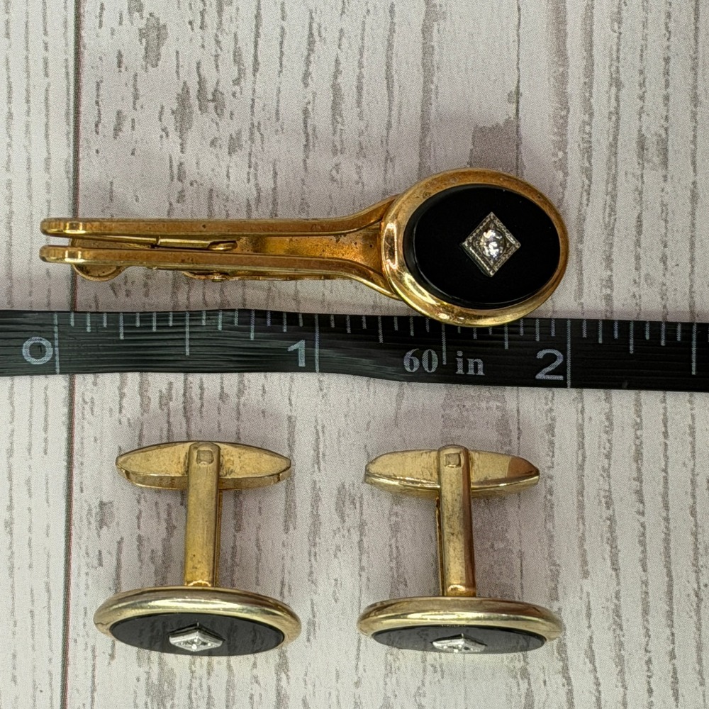 Vintage Foster Gold Tone Black Onyx Rhinestone Tie Clip and Cufflinks Set Mens - Picture 6 of 6